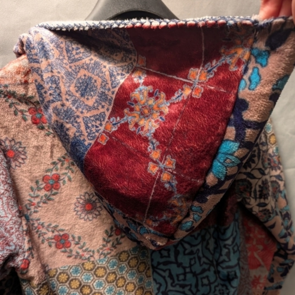JOHNNY WAS 😍Multicolor Patchwork Hooded Cardigan Coat Kimono Sweater Size S - Picture 8 of 12
